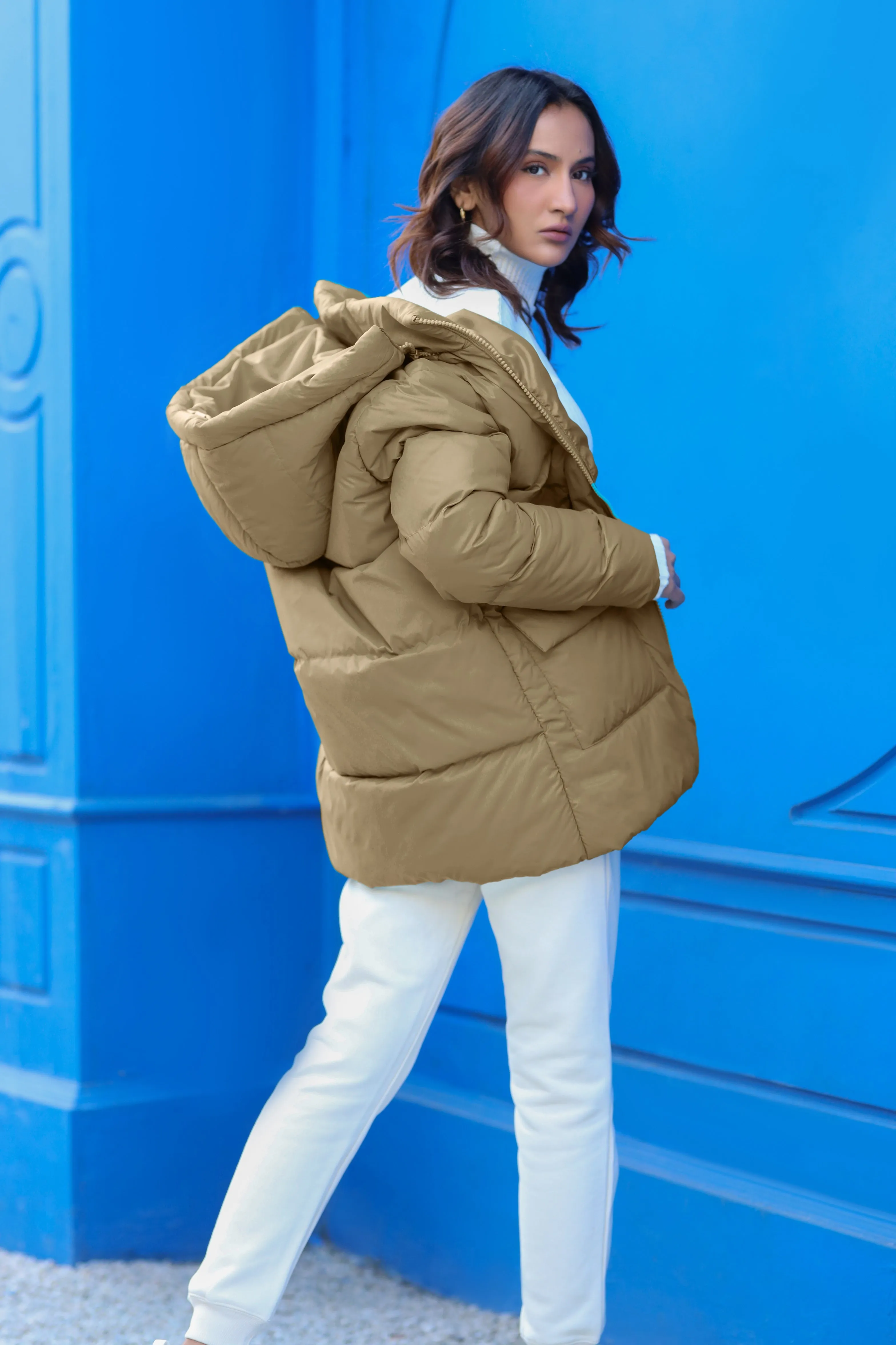 Alaska Soft Puffer Jacket with hoodie Tan