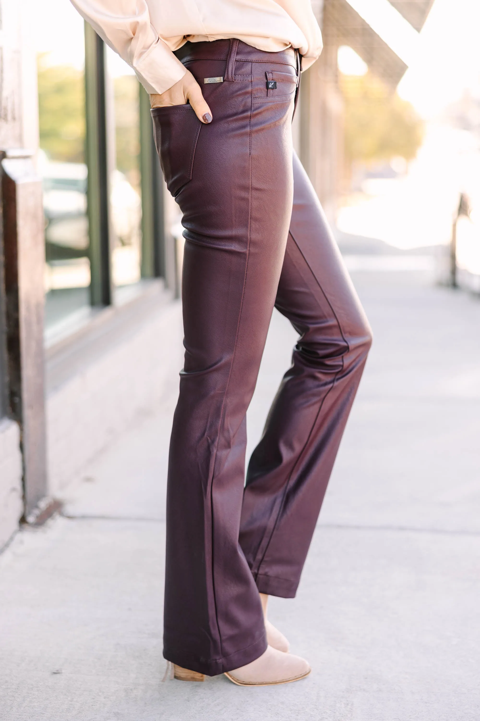 All About You Burgundy Red Faux Leather Flare Pants