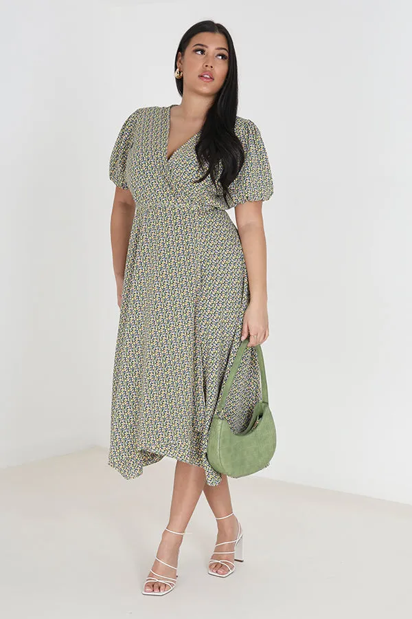 ALL OVER PRINT PLUS SIZE WRAP FRONT MIDI DRESS