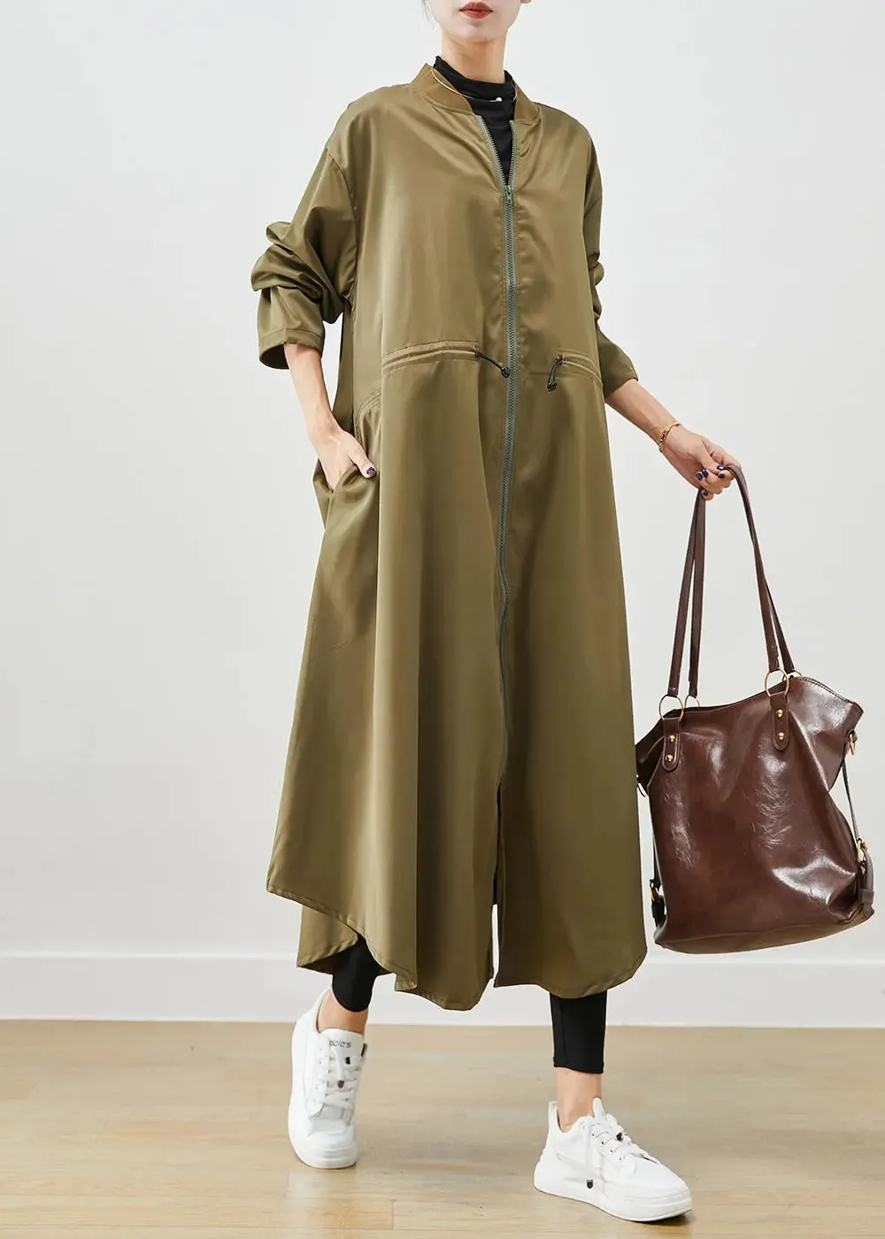 Army Green Spandex Trench Coats Zip Up Drawstring Fall ML0474