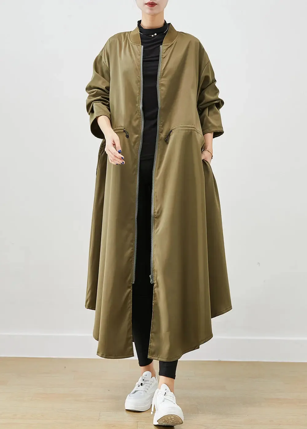 Army Green Spandex Trench Coats Zip Up Drawstring Fall ML0474