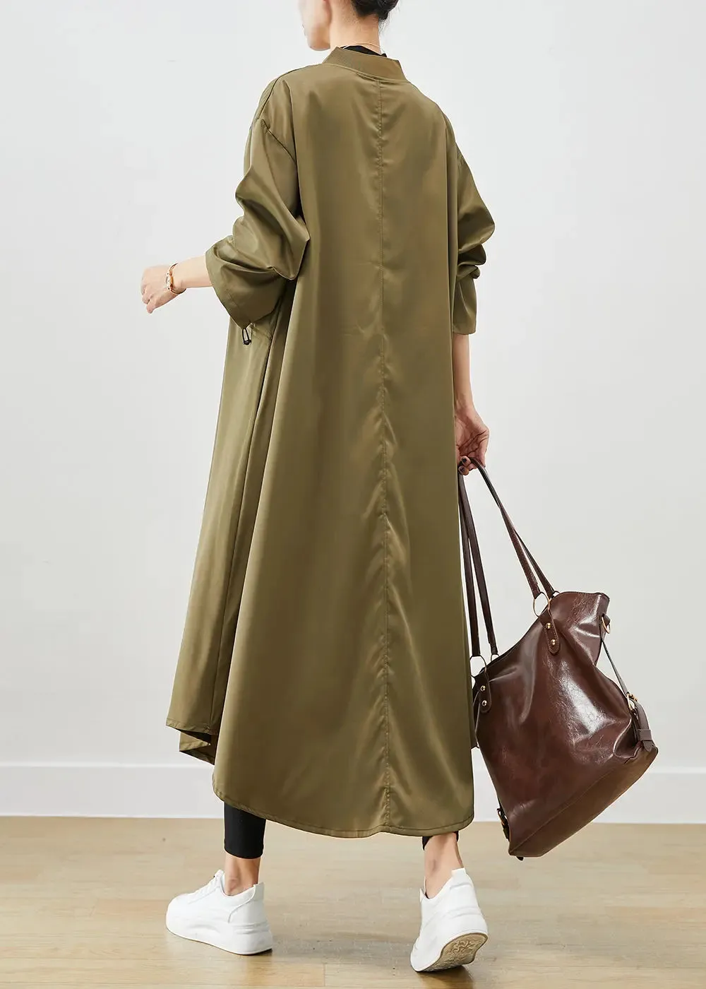 Army Green Spandex Trench Coats Zip Up Drawstring Fall ML0474