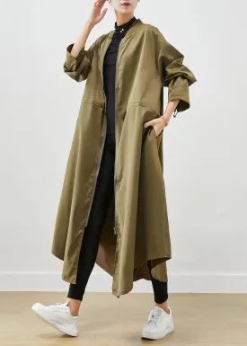 Army Green Spandex Trench Coats Zip Up Drawstring Fall ML0474