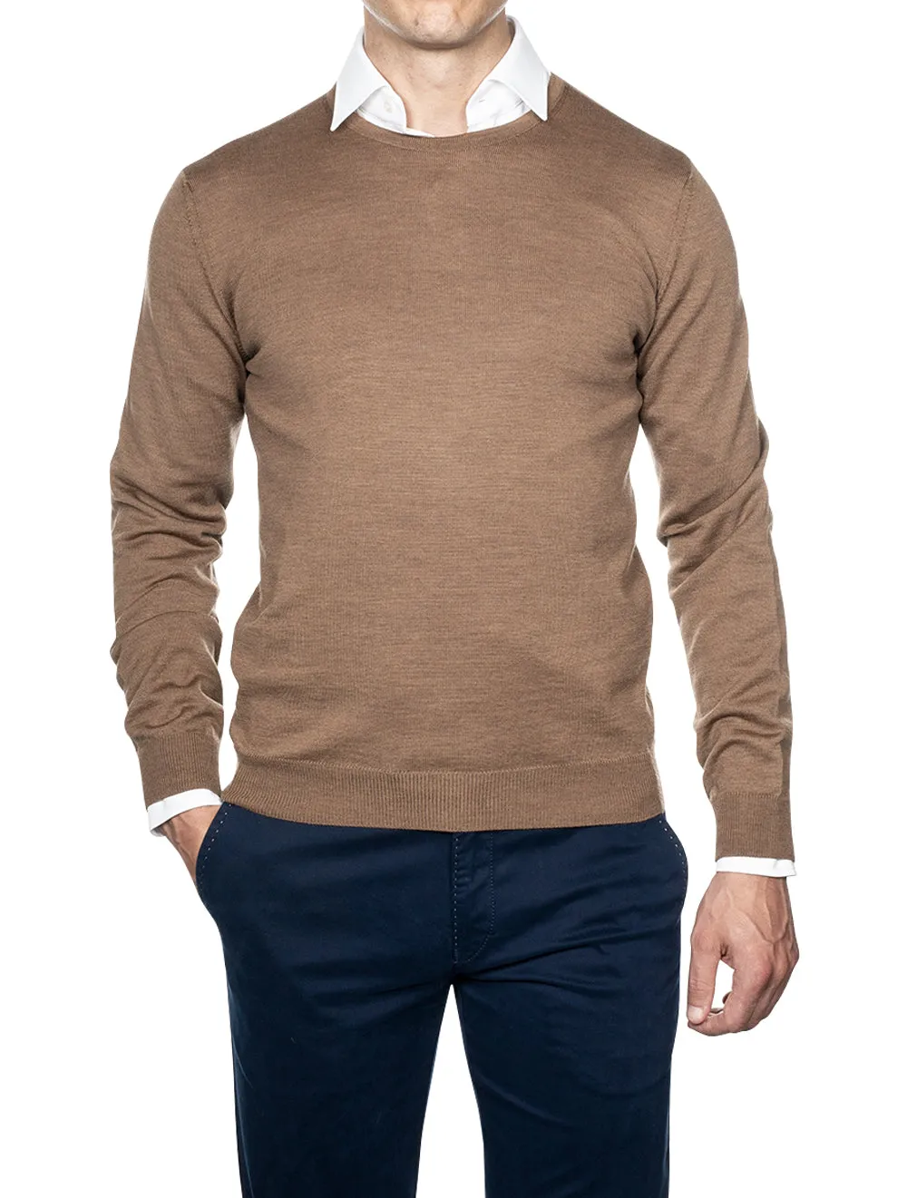 Beige Crew Neck with Patch Merino Wool Jumper