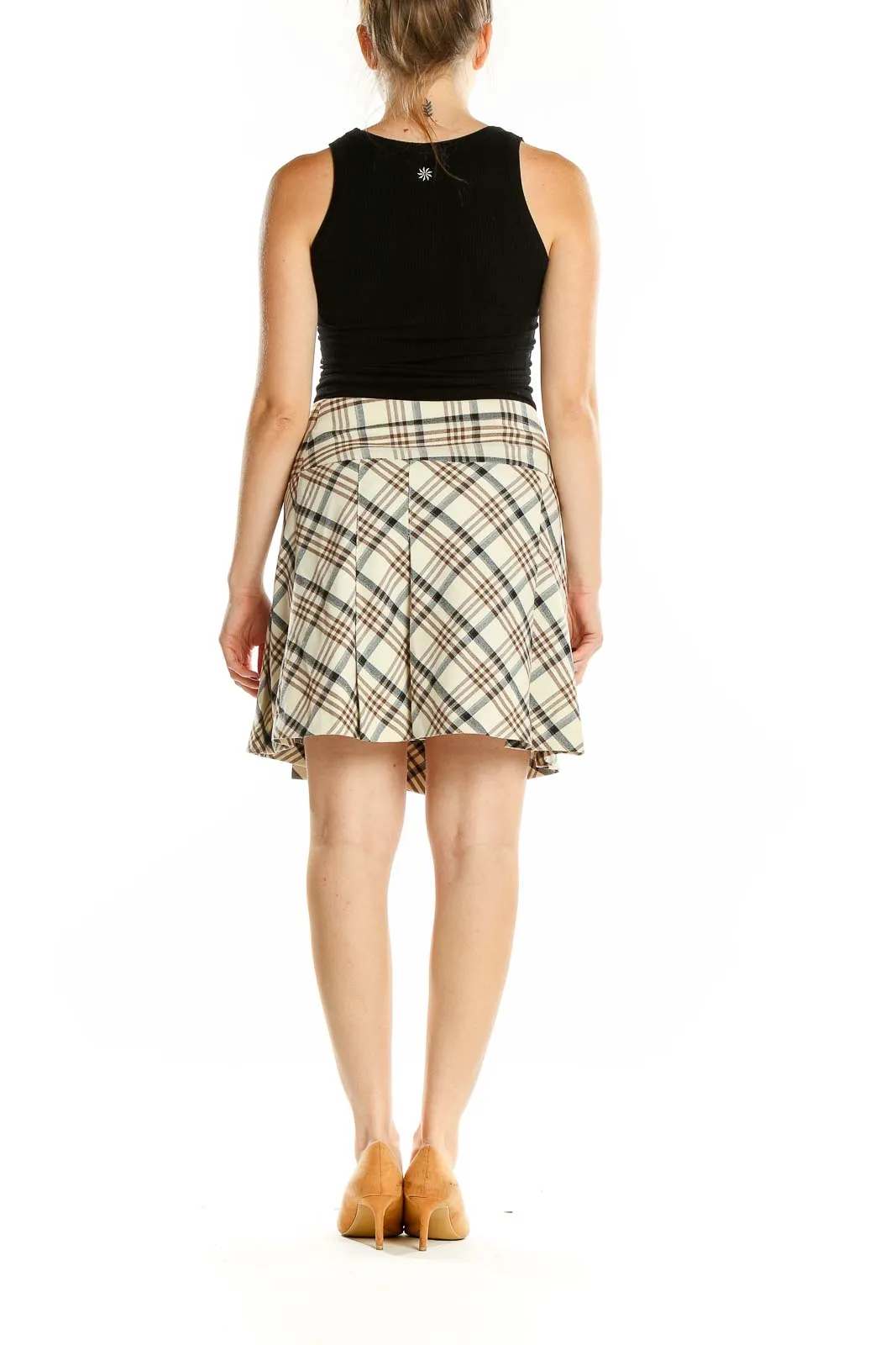 Beige Plaid Pleated Mini Skirt