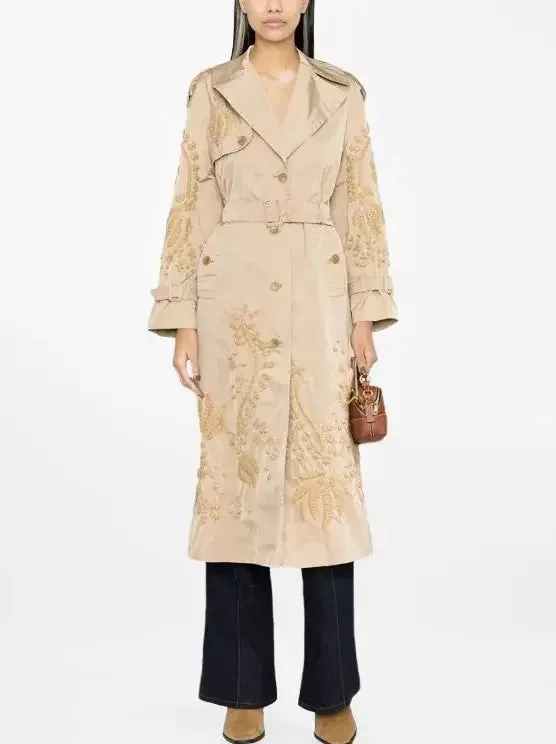 Belted Embroidered Beige Trench Coat