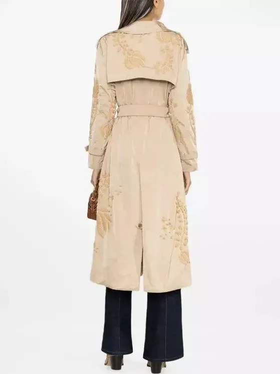 Belted Embroidered Beige Trench Coat