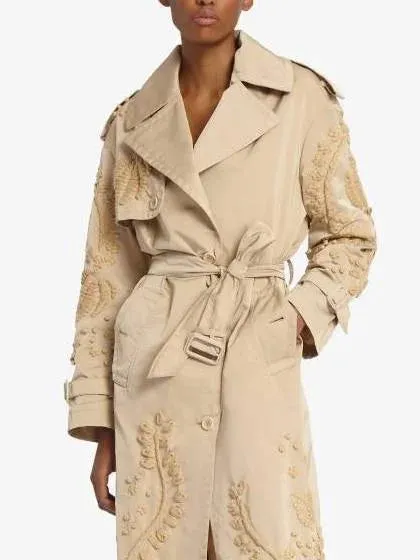 Belted Embroidered Beige Trench Coat