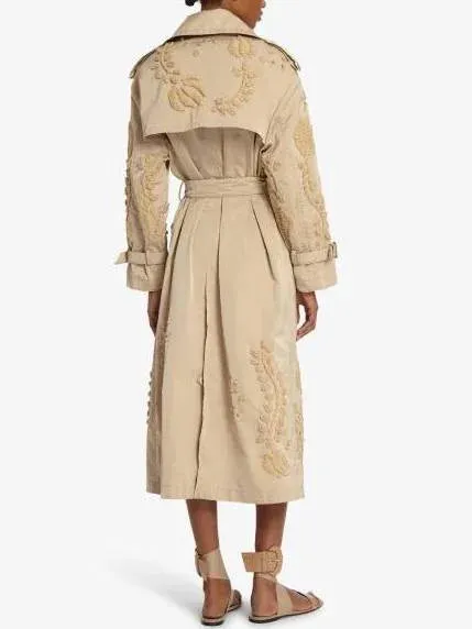 Belted Embroidered Beige Trench Coat