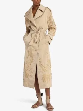 Belted Embroidered Beige Trench Coat