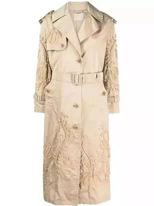 Belted Embroidered Beige Trench Coat