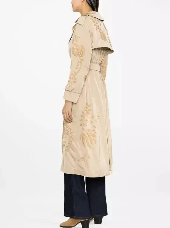 Belted Embroidered Beige Trench Coat