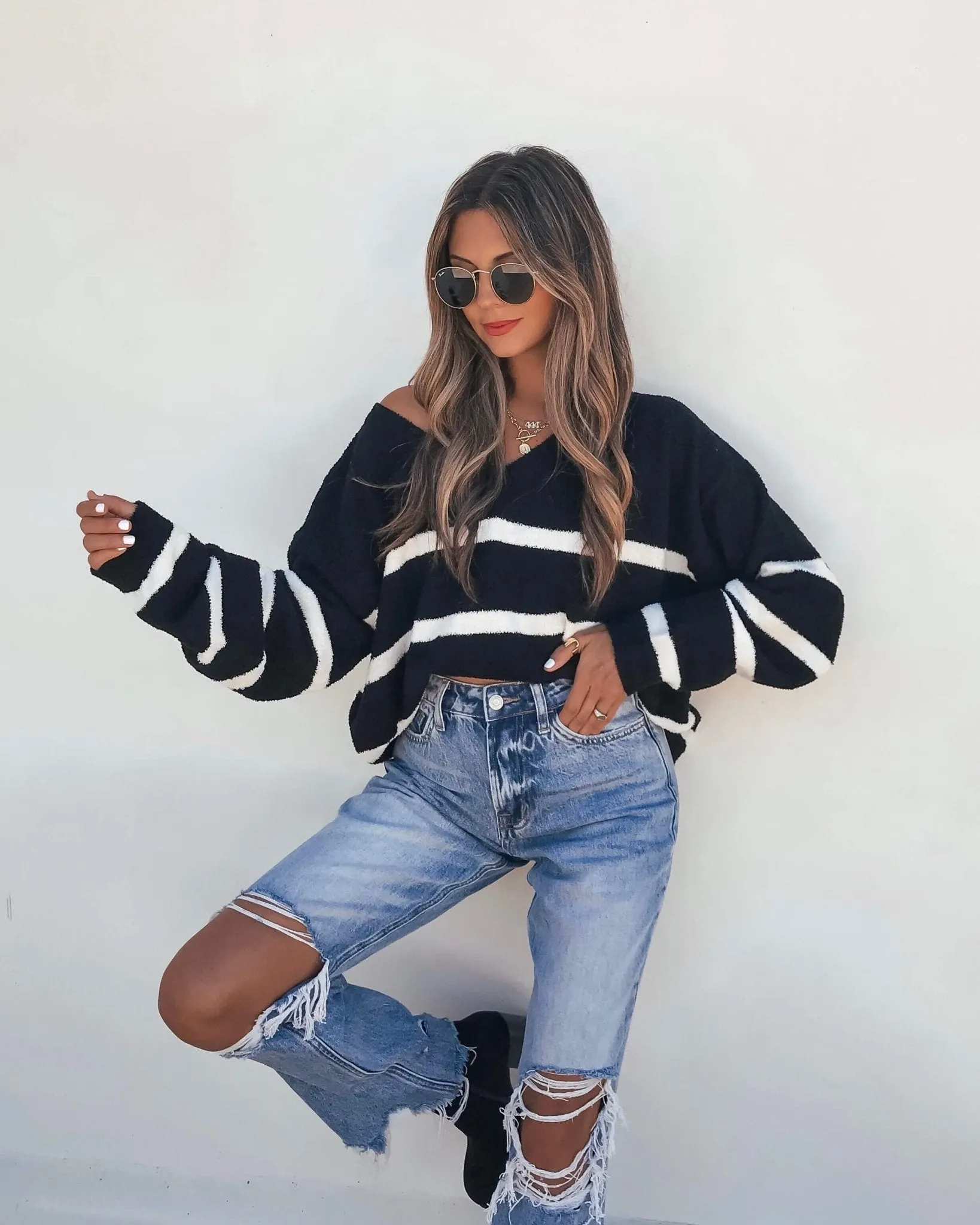 Black and White Striped V Neck Sweater