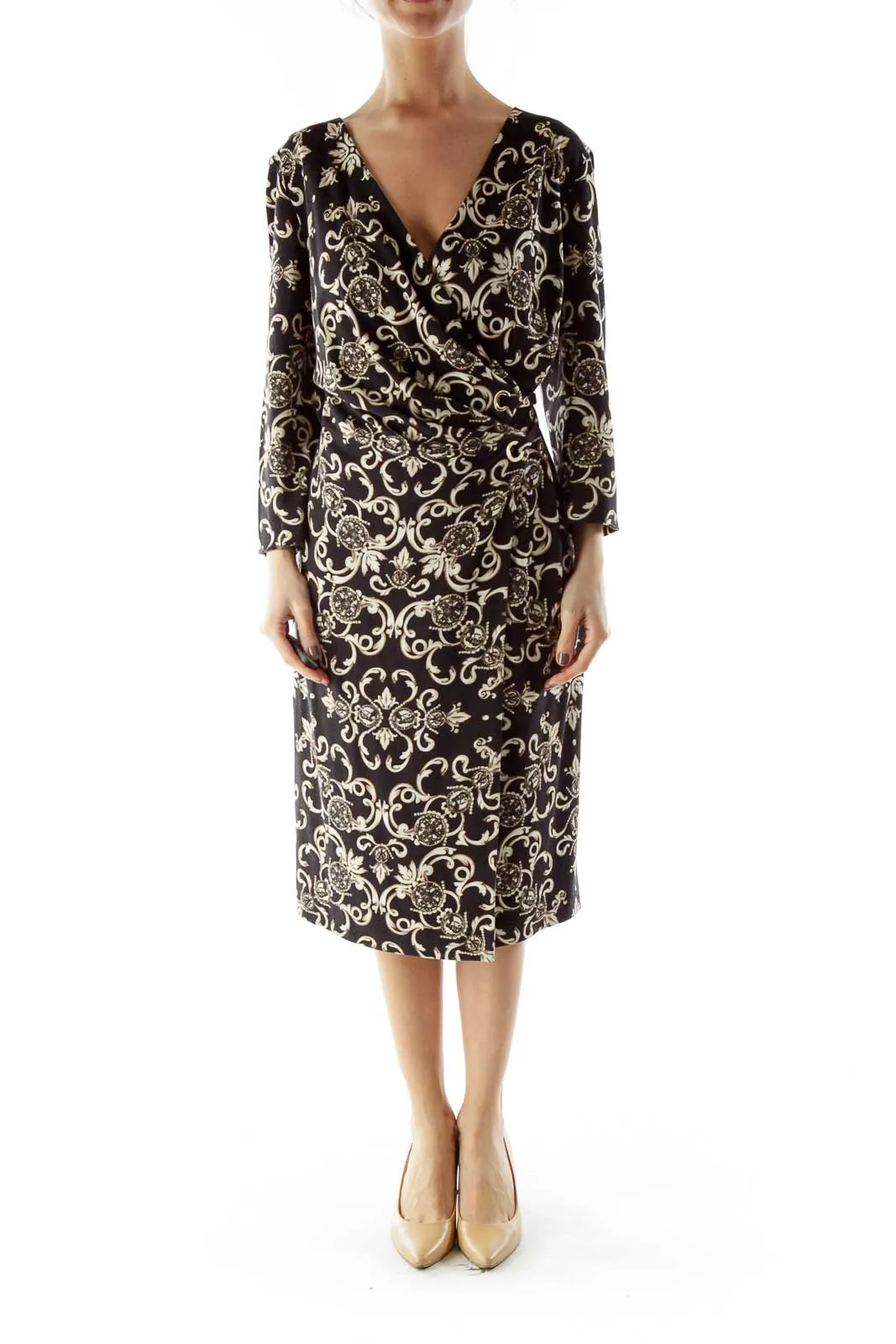 Black Cream V-neck Floral Print Wrap Dress