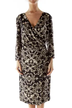 Black Cream V-neck Floral Print Wrap Dress