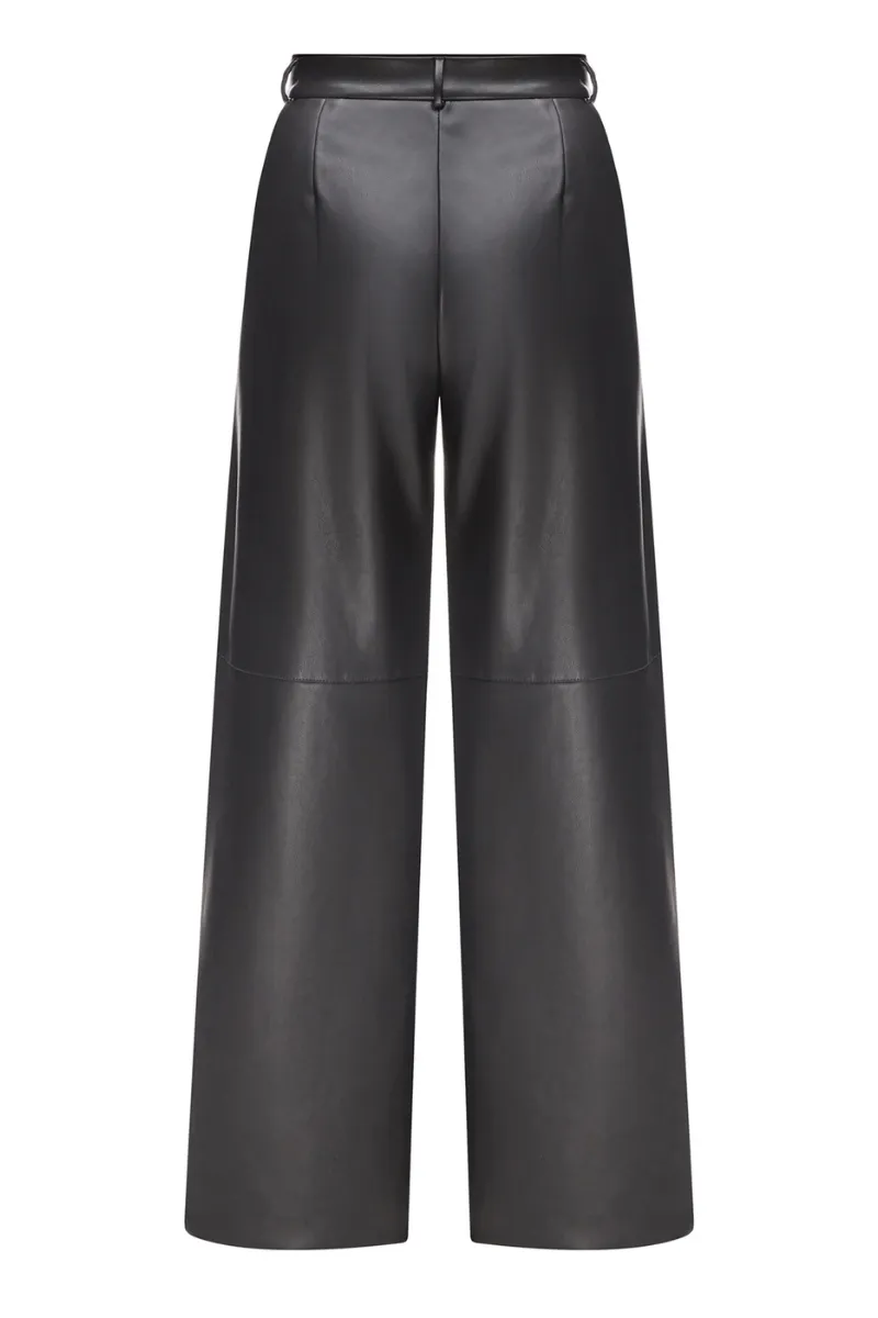 BLACK FAUX LEATHER WIDE LEG PANTS