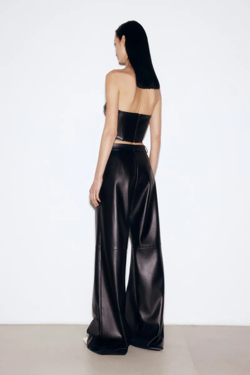 BLACK FAUX LEATHER WIDE LEG PANTS