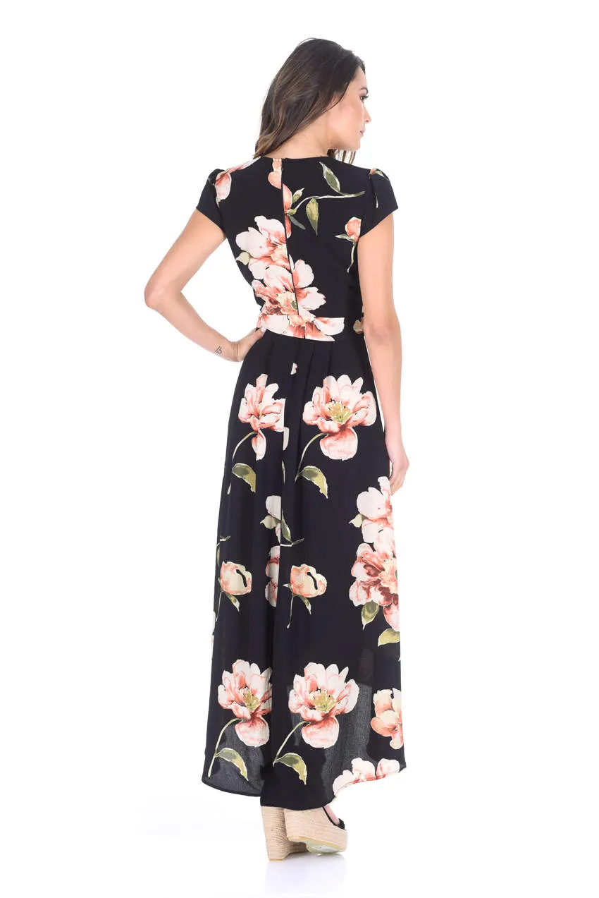 Black Floral V Neck Maxi Dress