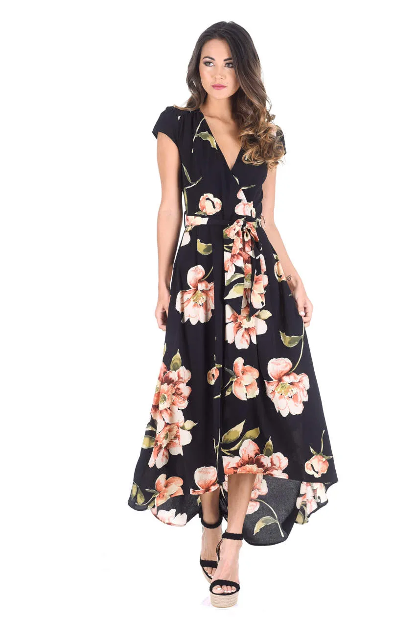 Black Floral V Neck Maxi Dress