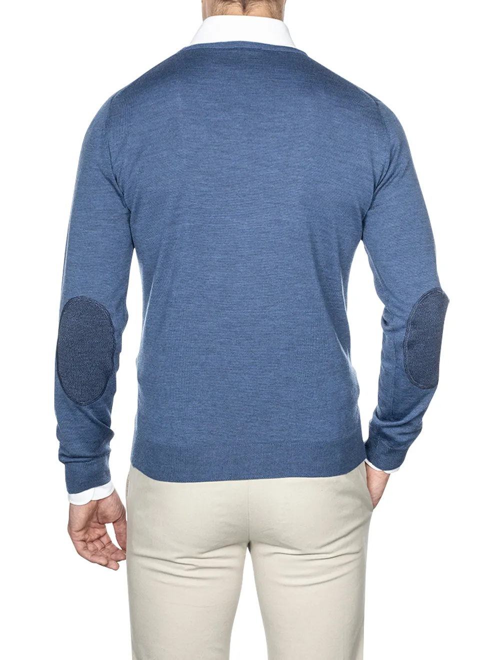 Blue Crew Neck with Patch Merino Wool Jumper