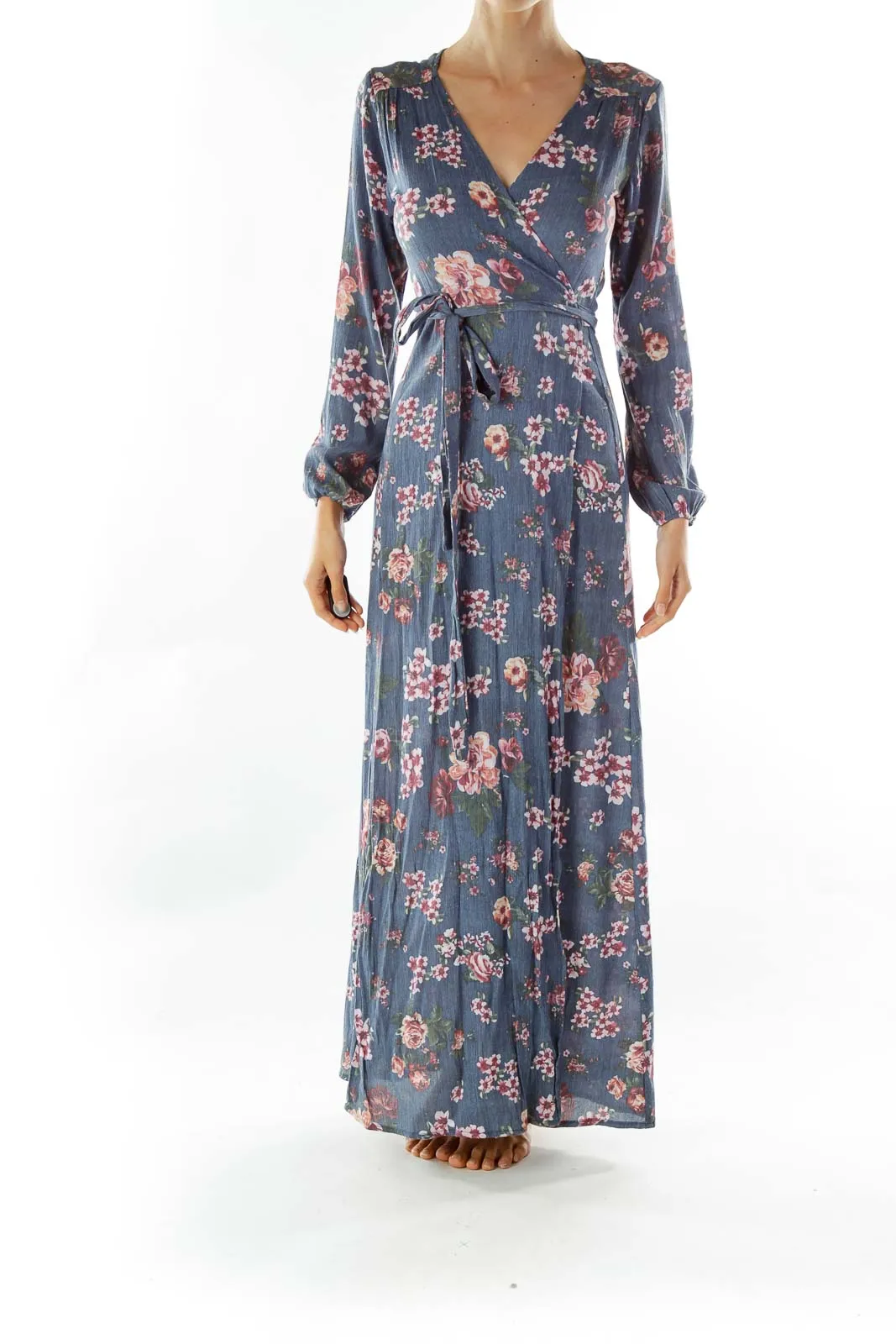 Blue Floral Wrap Maxi Day Dress