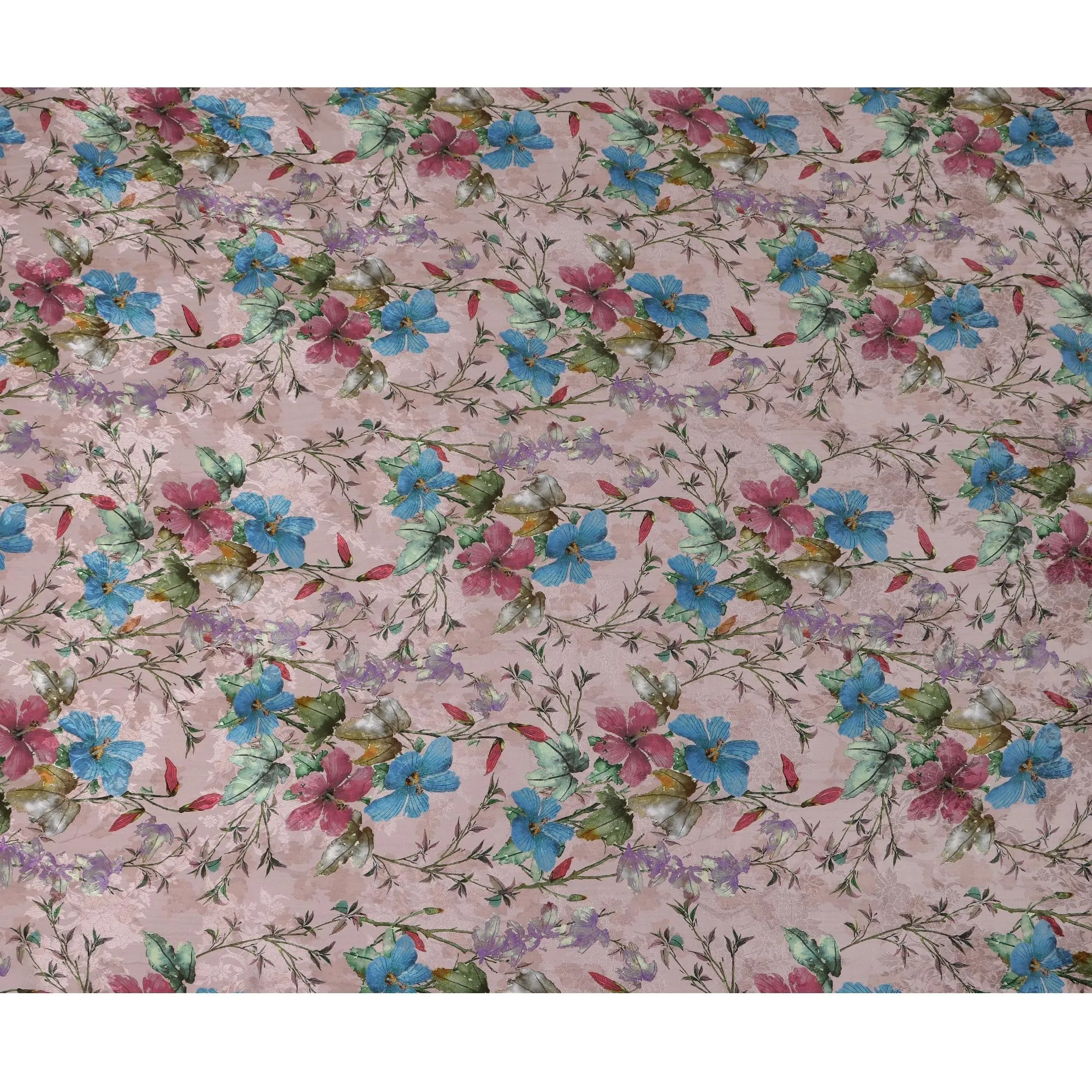 Blush Pink Indian Viscose Modal Satin Fabric, Multicolor Floral Print, 110 cm Width-D20933