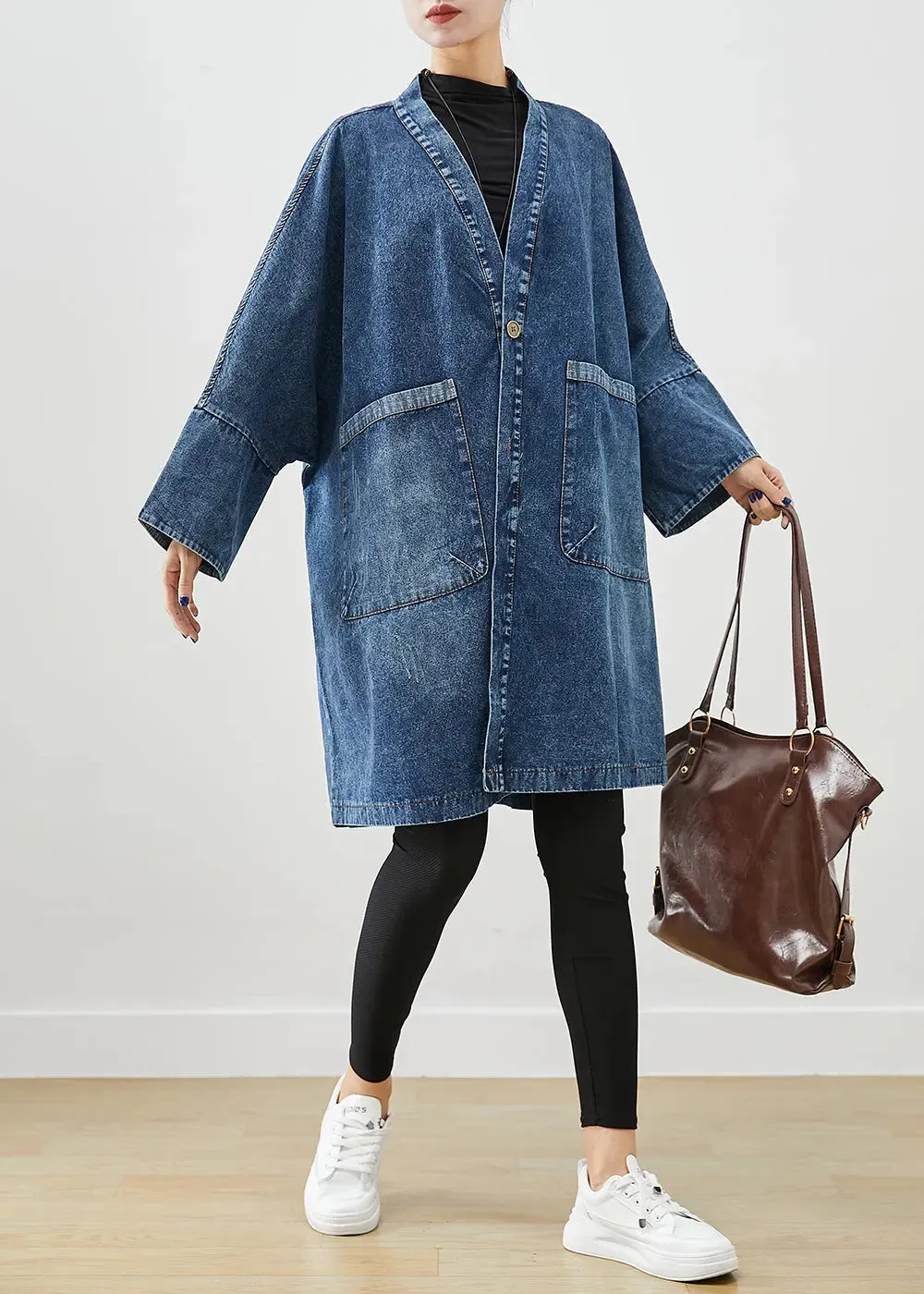 Boho Blue Oversized Pockets Denim Trench Coats Batwing Sleeve ML1239