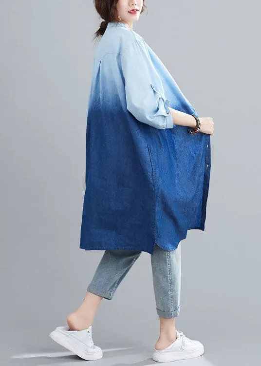 Boho Blue Pockets Button Gradient color Fall Denim Trench Long sleeve