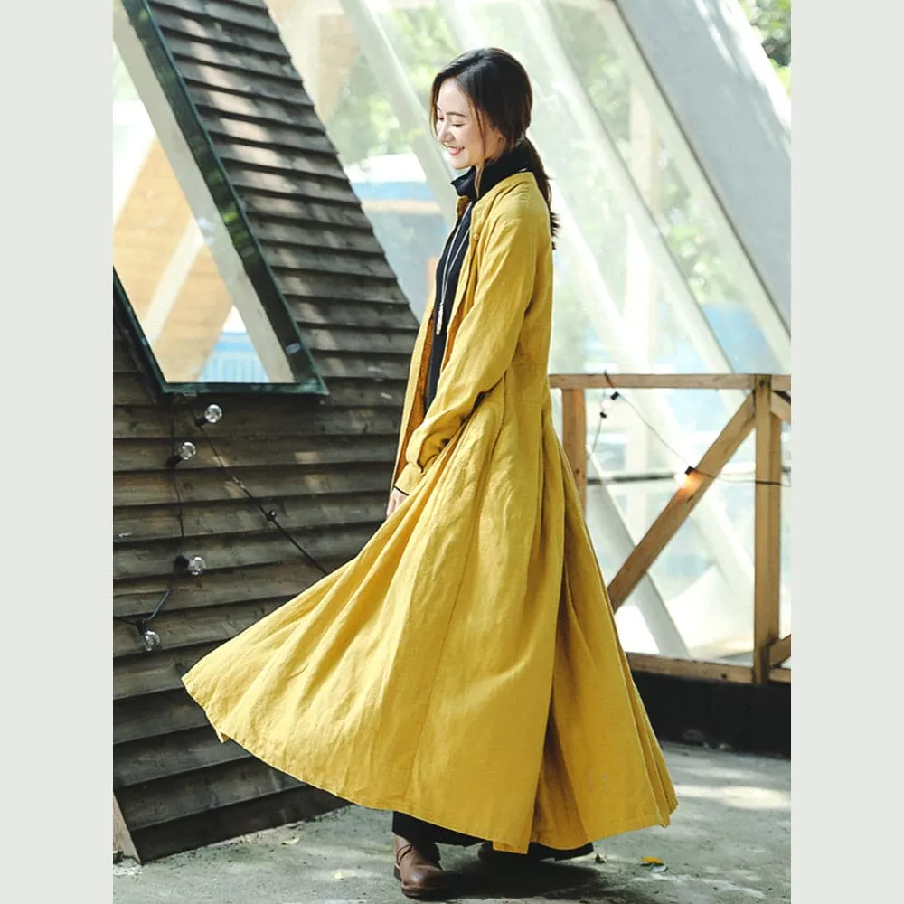 boutique yellow coats casual stand collar trench coat Fashion Cinched large hem Coat