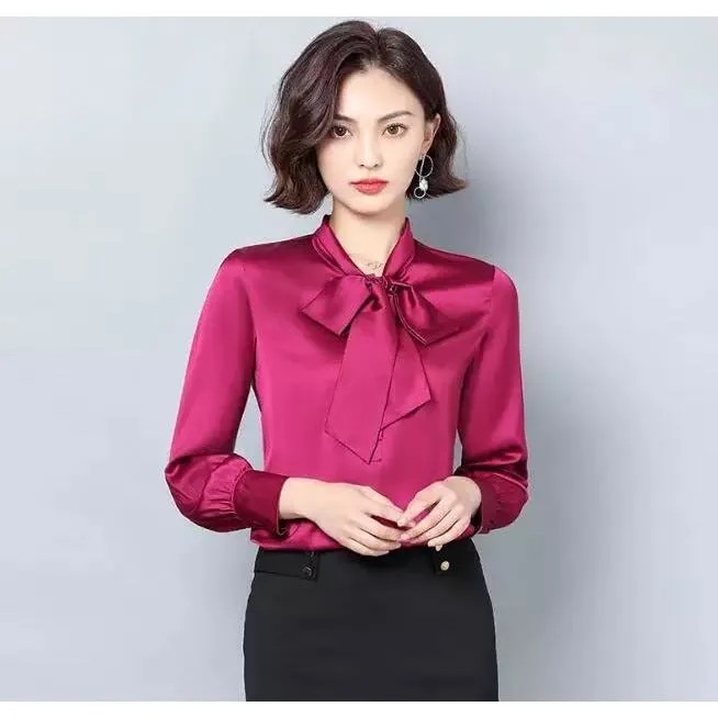 Bow Collar Silk Satin Shirts Blouses 