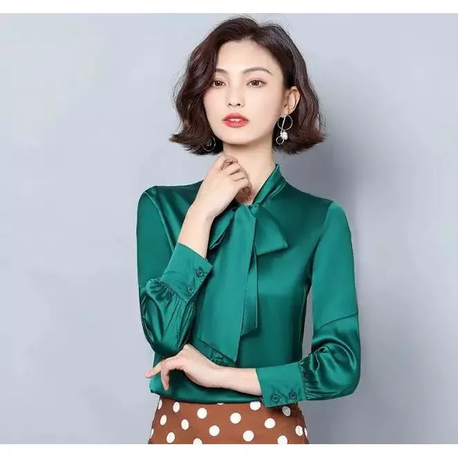 Bow Collar Silk Satin Shirts Blouses 