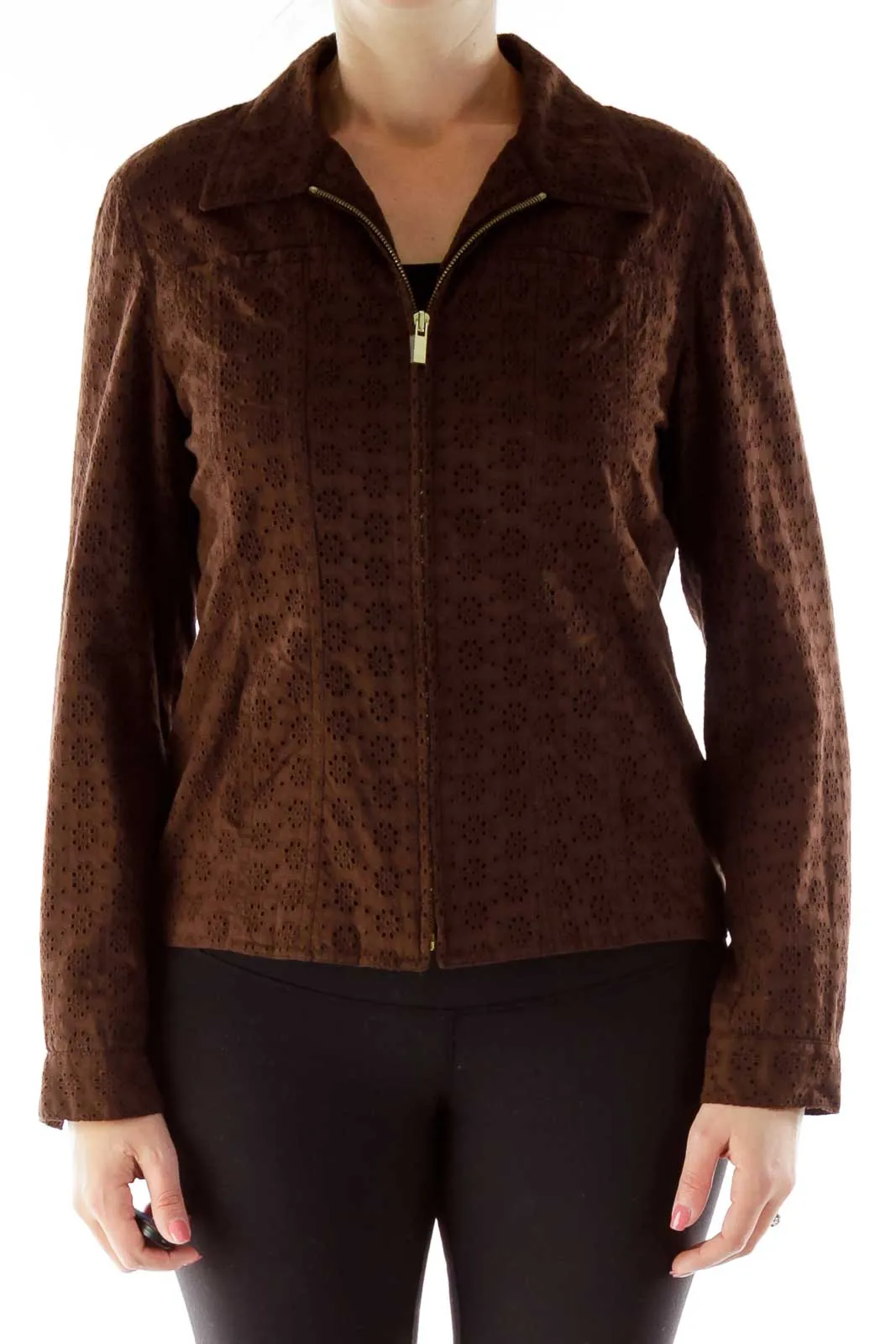 Brown Crocheted Zippered Jacket