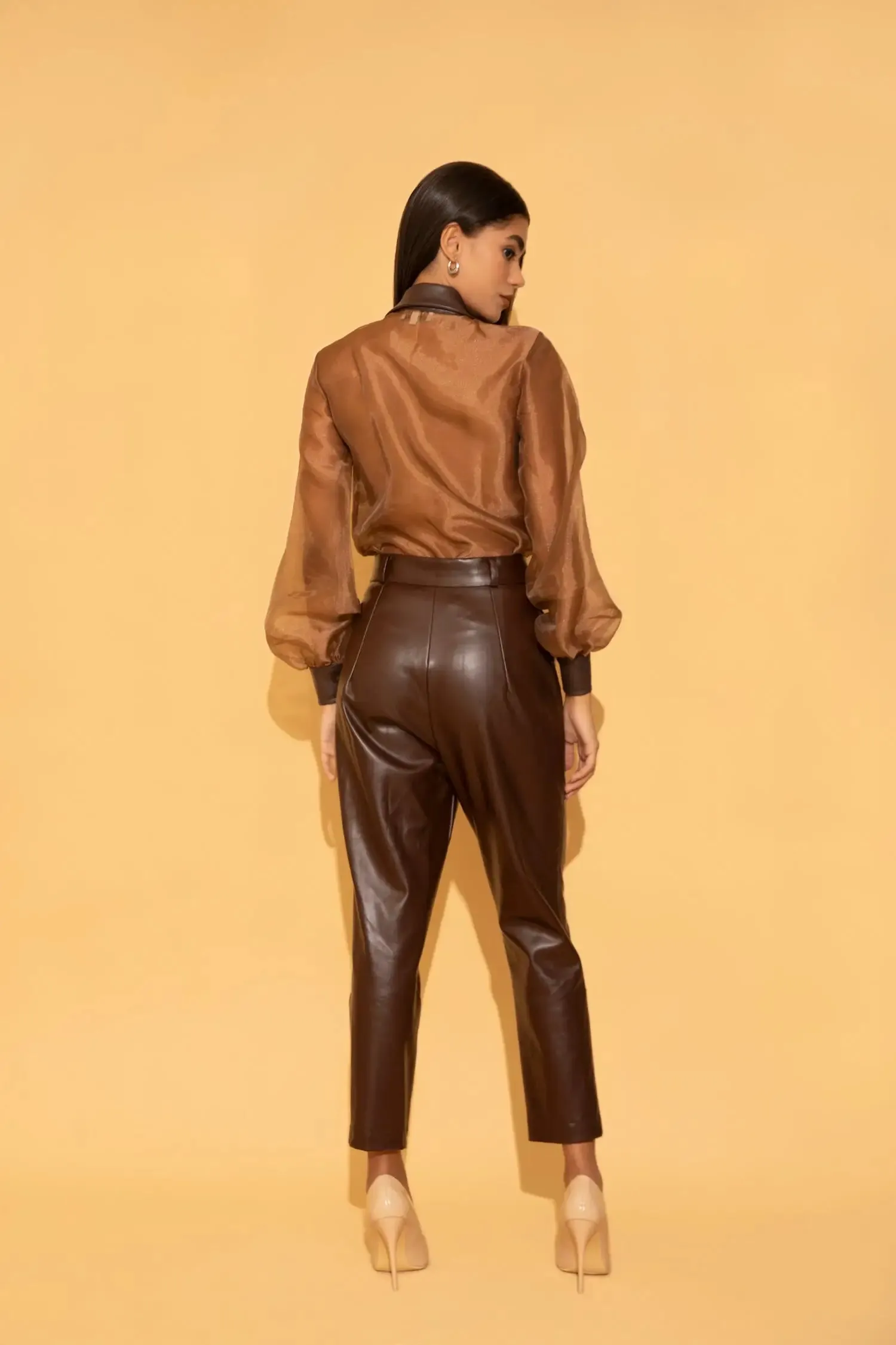 Brown Organza Shirt and Leather Pants Co-ord Set