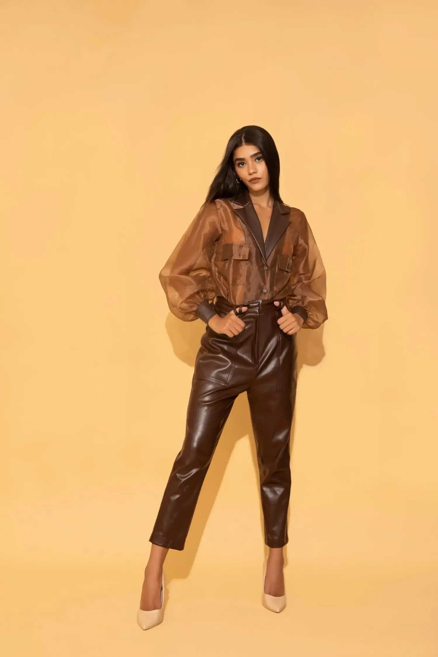 Brown Organza Shirt and Leather Pants Co-ord Set