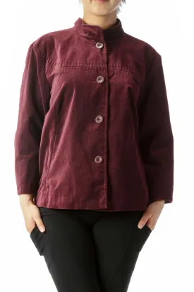 Burgundy Faux-Velvet Pocketed High-Neck Jacket