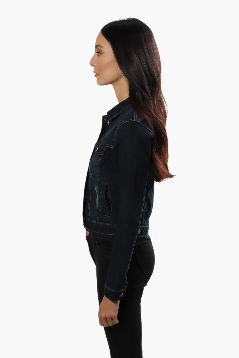 Button Front Cropped Denim Jacket - Navy