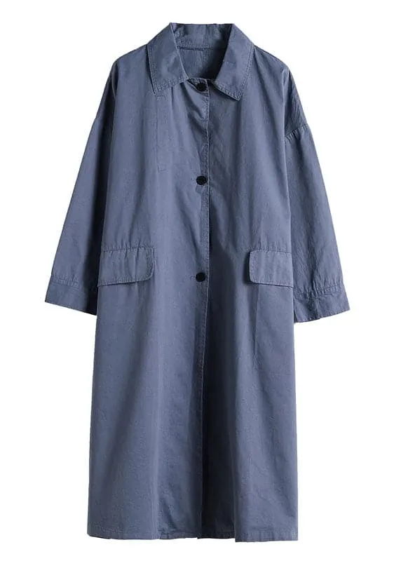 Chic Blue Peter Pan Collar Button Cotton trench coats Spring