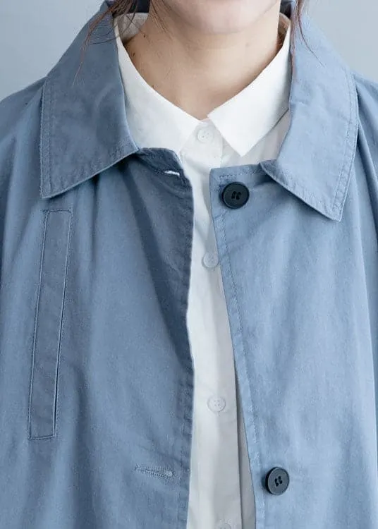 Chic Blue Peter Pan Collar Button Cotton trench coats Spring