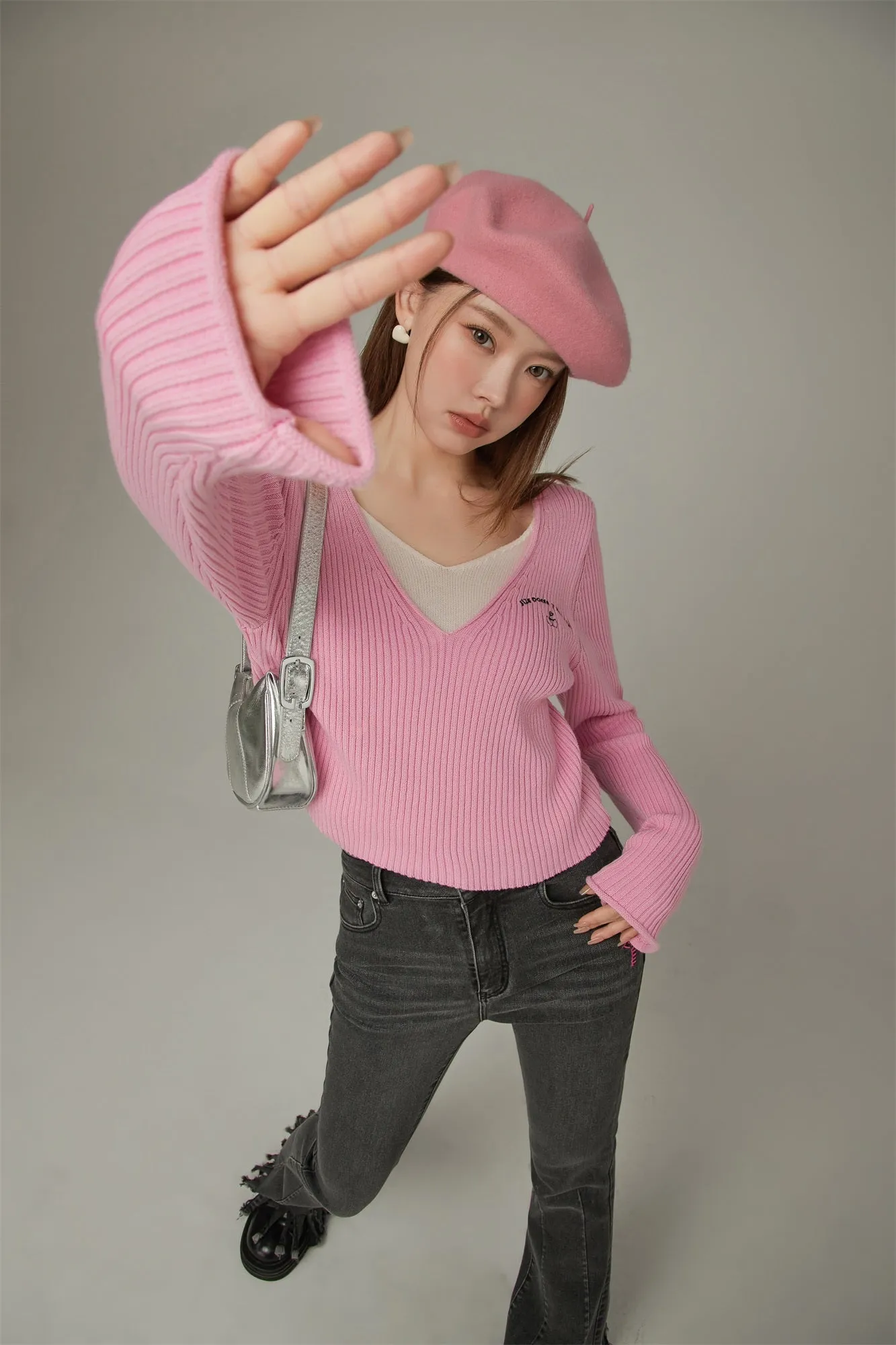 Color V-Neck Layered Knit Sweater