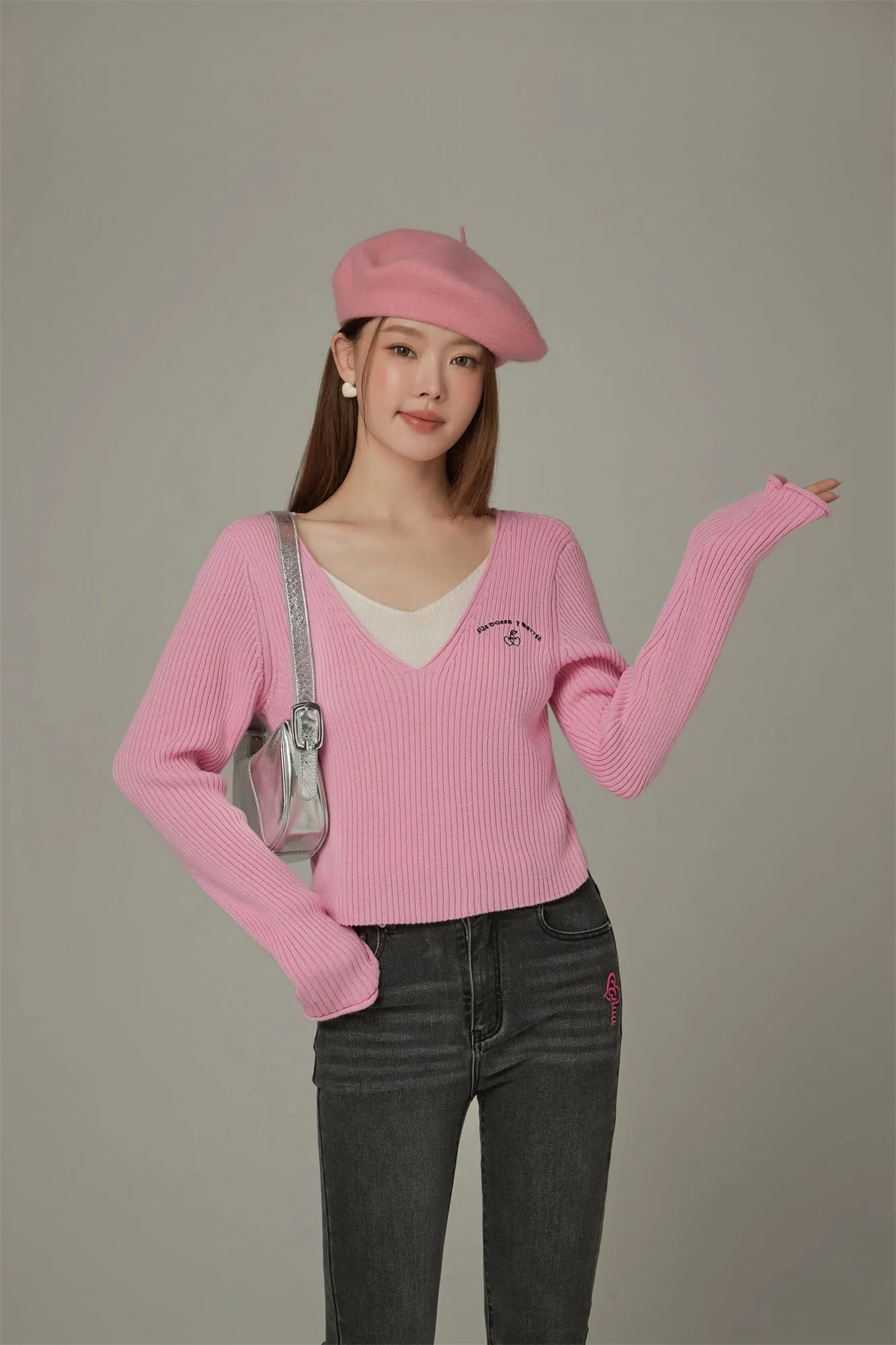 Color V-Neck Layered Knit Sweater