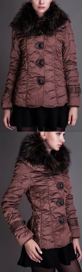 Crinkle Metallic Quilted Jacket with Fur Collar, Burgundy/Red