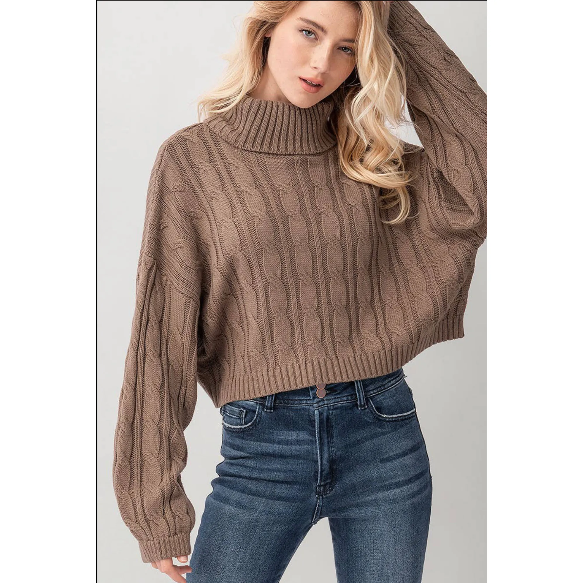 Cropped Taupe Turtleneck Sweater