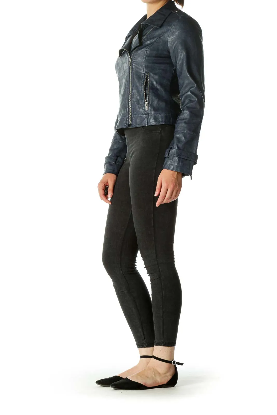 Deep Blue Faux-Leather Zippered Moto-Jacket