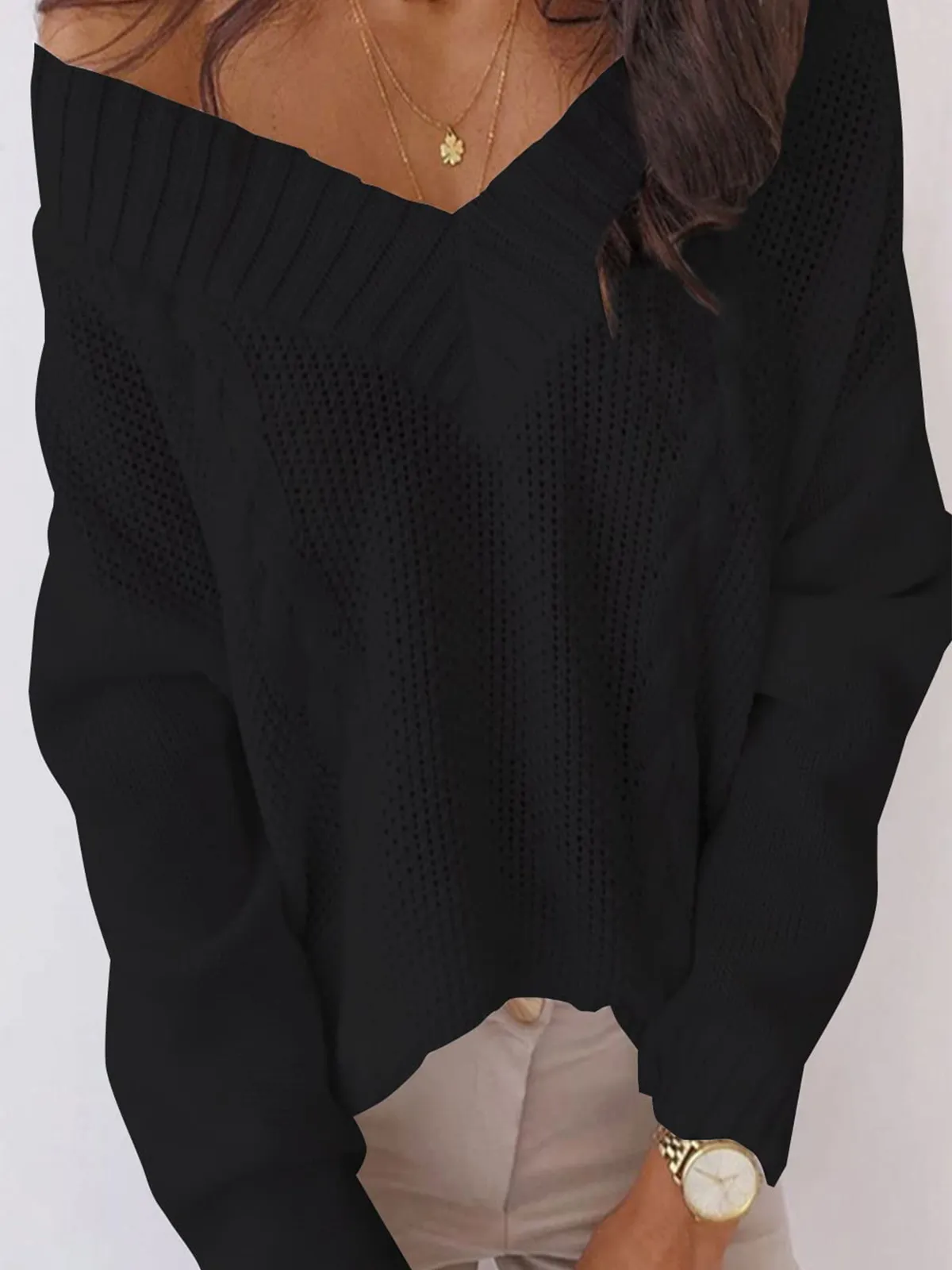 Deep V-Neck Cable Knit Sweater