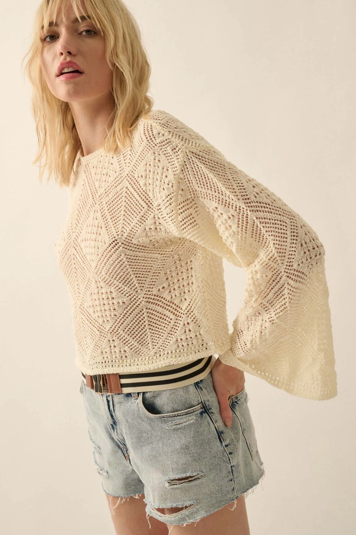 Diamond Doll Geometric Crochet Pointelle Sweater