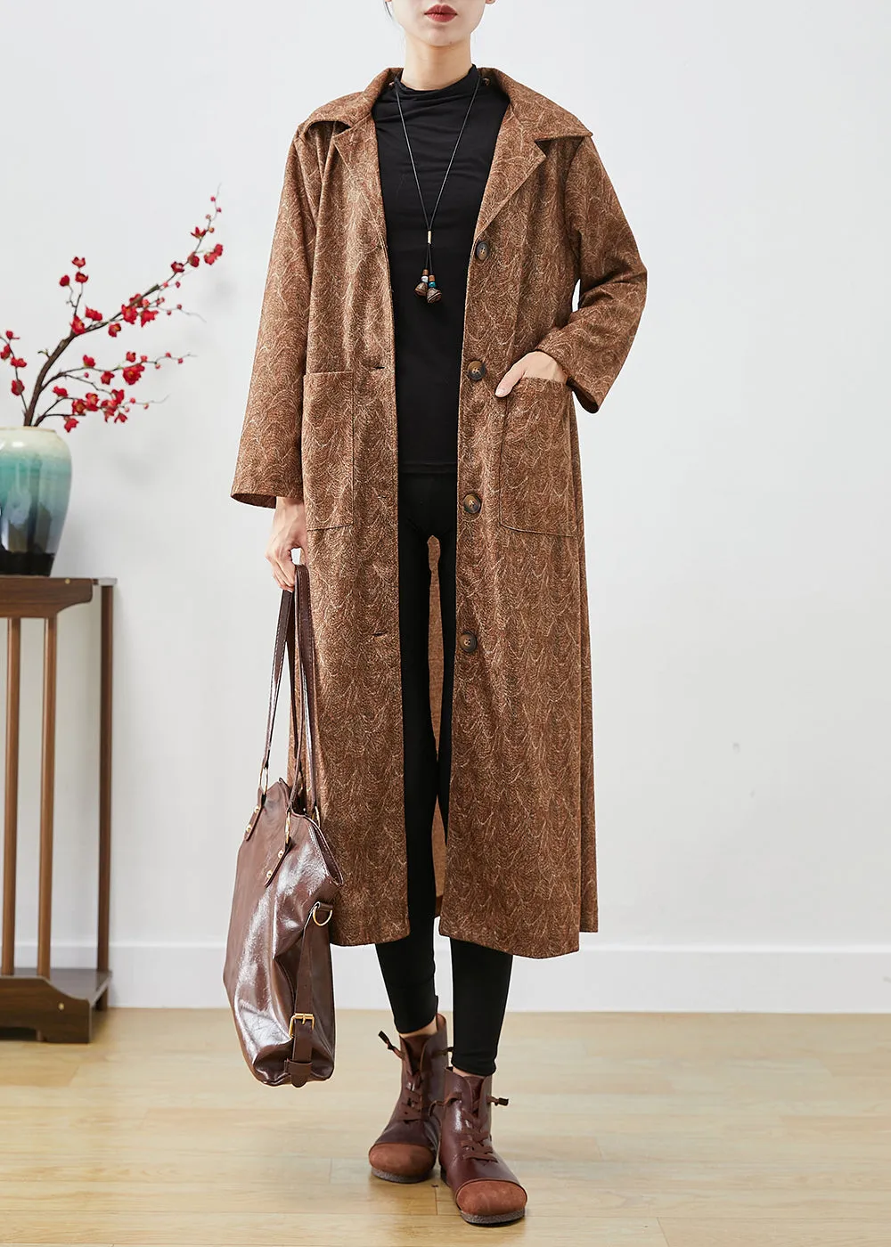 DIY Khaki Oversized Print Cotton Trench Coats Fall LY9837