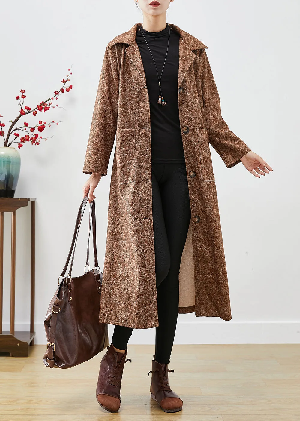 DIY Khaki Oversized Print Cotton Trench Coats Fall LY9837