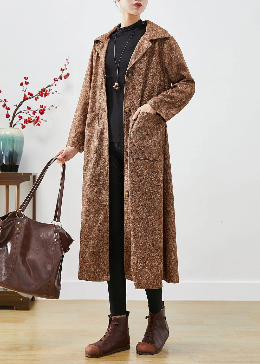 DIY Khaki Oversized Print Cotton Trench Coats Fall LY9837