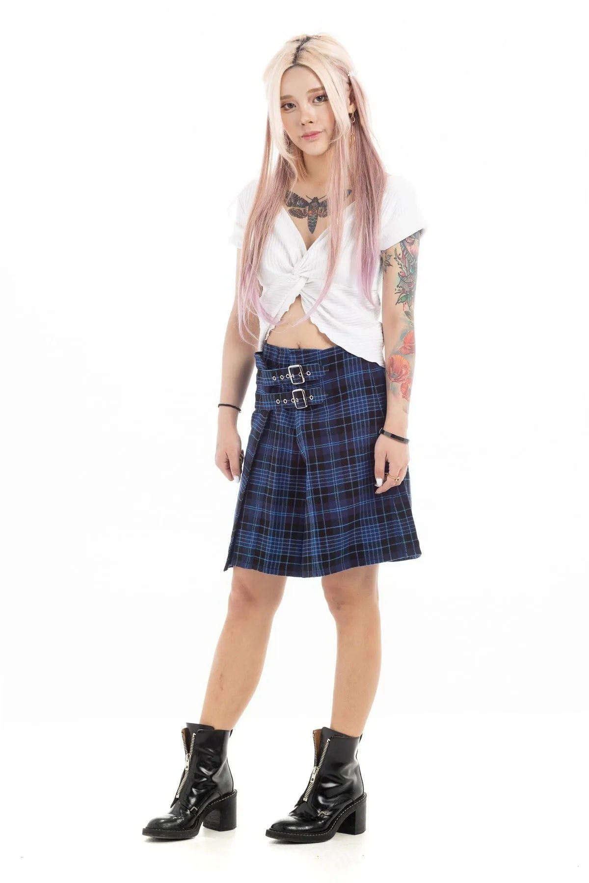 Dual-Buckle Plaid Mini Skirt