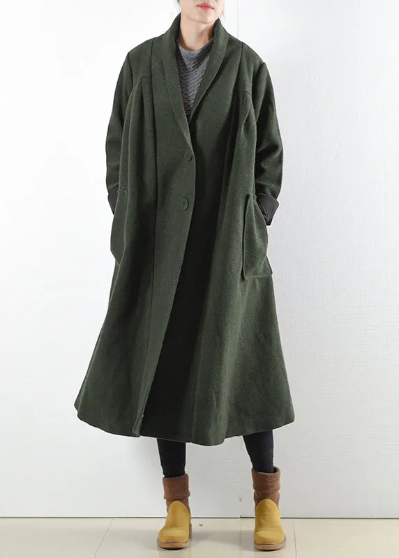 Elegant Green Notched Button Pockets Woolen Trench Coats Long Sleeve